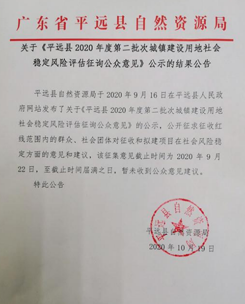 关于《平远县2020年度第二批次城镇建设用地社会稳定风险评估征询公众意见》公示的结果公告.png