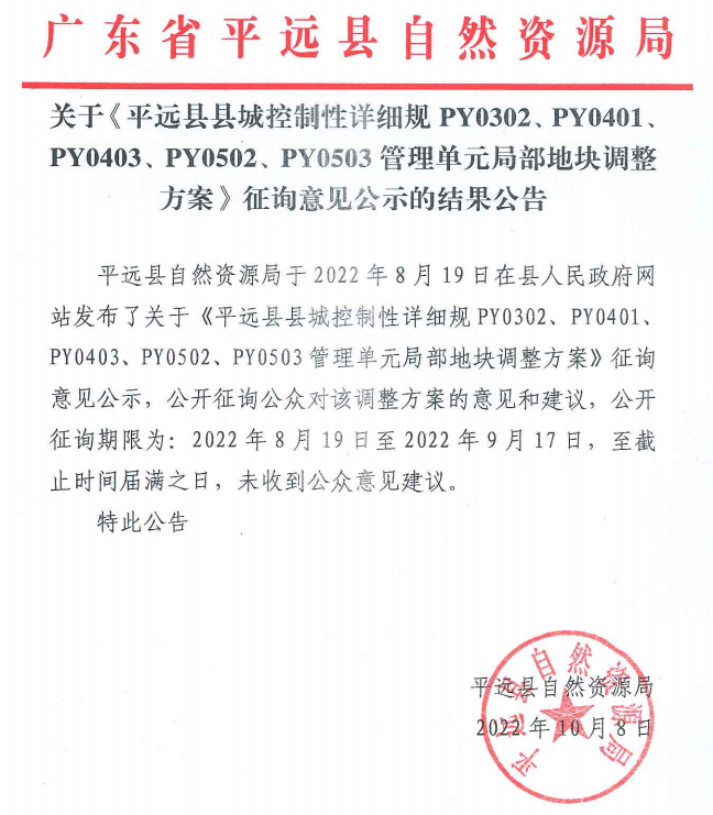 关于《平远县县城控制性详细规划PY0302、PY0401、PY0403、PY0502、PY0503管理单元局部地块调整方案》征询意见公示的结果公告.png