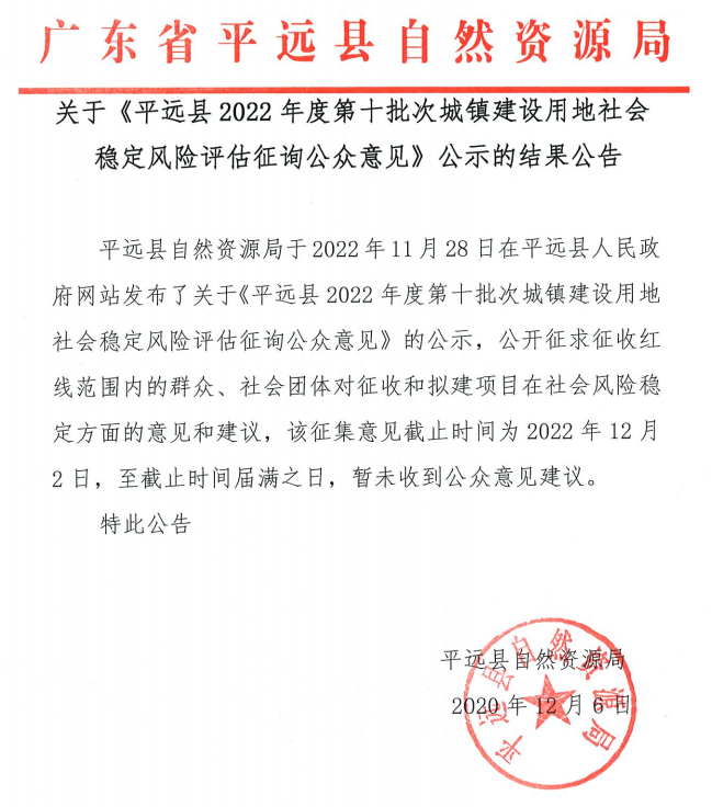 关于《平远县2022年度第十批次城镇建设用地社会稳定风险评估征询公众意见》公示的结果公告.png