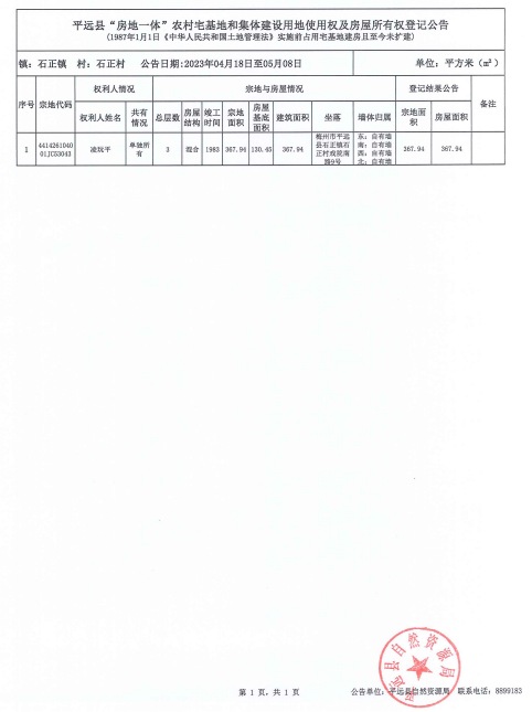 平远县“房地一体”农村宅基地和集体建设用地使用权及房屋所有权登记公告（石正镇石正村凌玩平).png