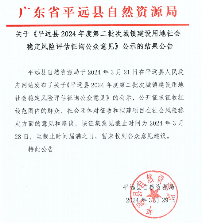 关于《平远县2024年度第二批次城镇建设用地社会稳定风险评估征询公众意见》公示的结果公告.png