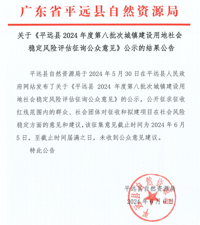 关于《平远县2024年度第八批次城镇建设用地社会稳定风险评估征询公众意见》公示的结果公告.png