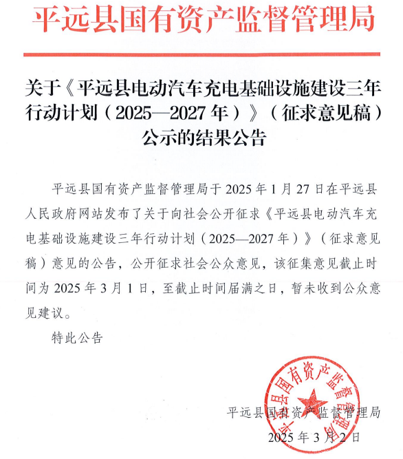 关于《平远县电动汽车充电基础设施建设三年行动计划（2025—2027年）》（征求意见稿）公示的结果公告.png