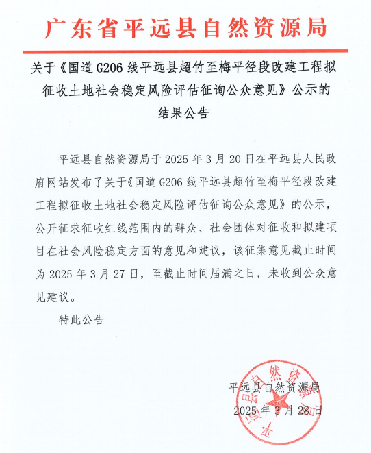 关于《国道G206线平远县超竹至梅平径段改建工程拟征收土地社会稳定风险评估征询公众意见》公示的结果公告.png