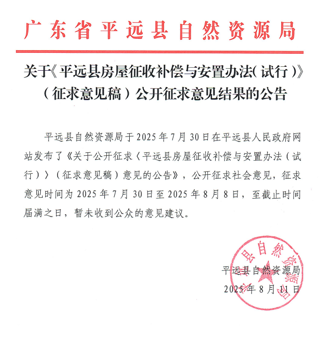 关于《平远县房屋征收补偿与安置办法（试行）》（征求意见稿）公开征求意见结果的公告.png