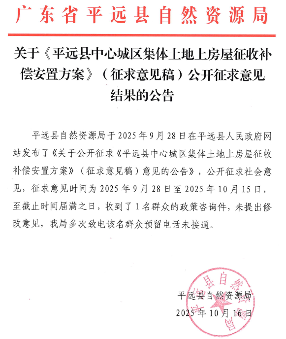 关于《平远县中心城区集体土地上房屋征收补偿安置方案》（征求意见稿）公开征求意见结果的公告.png